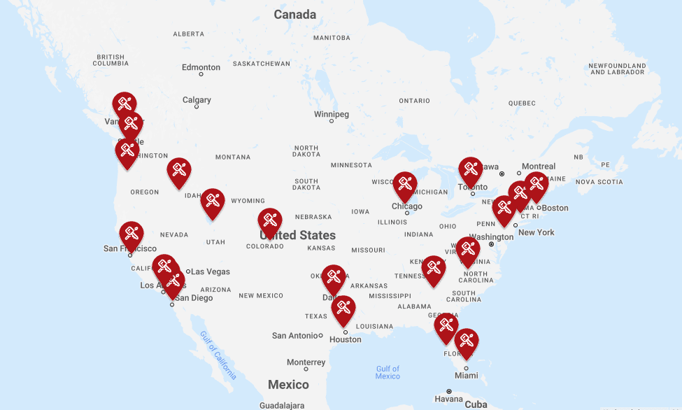 Map of Ineos Grenadier original Sales and Service locations in North America. (2023)