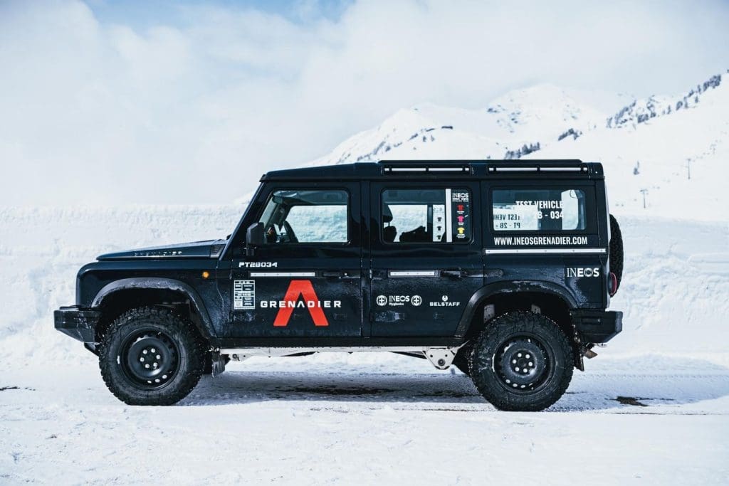 Image of Ineos Grenadier prototype 4x4 SUV on snow.