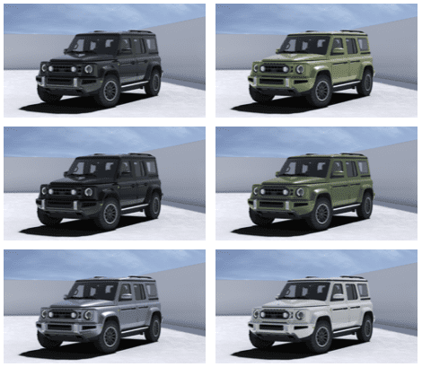 Six Ineos Fusilier Electric SUVs in each available color.